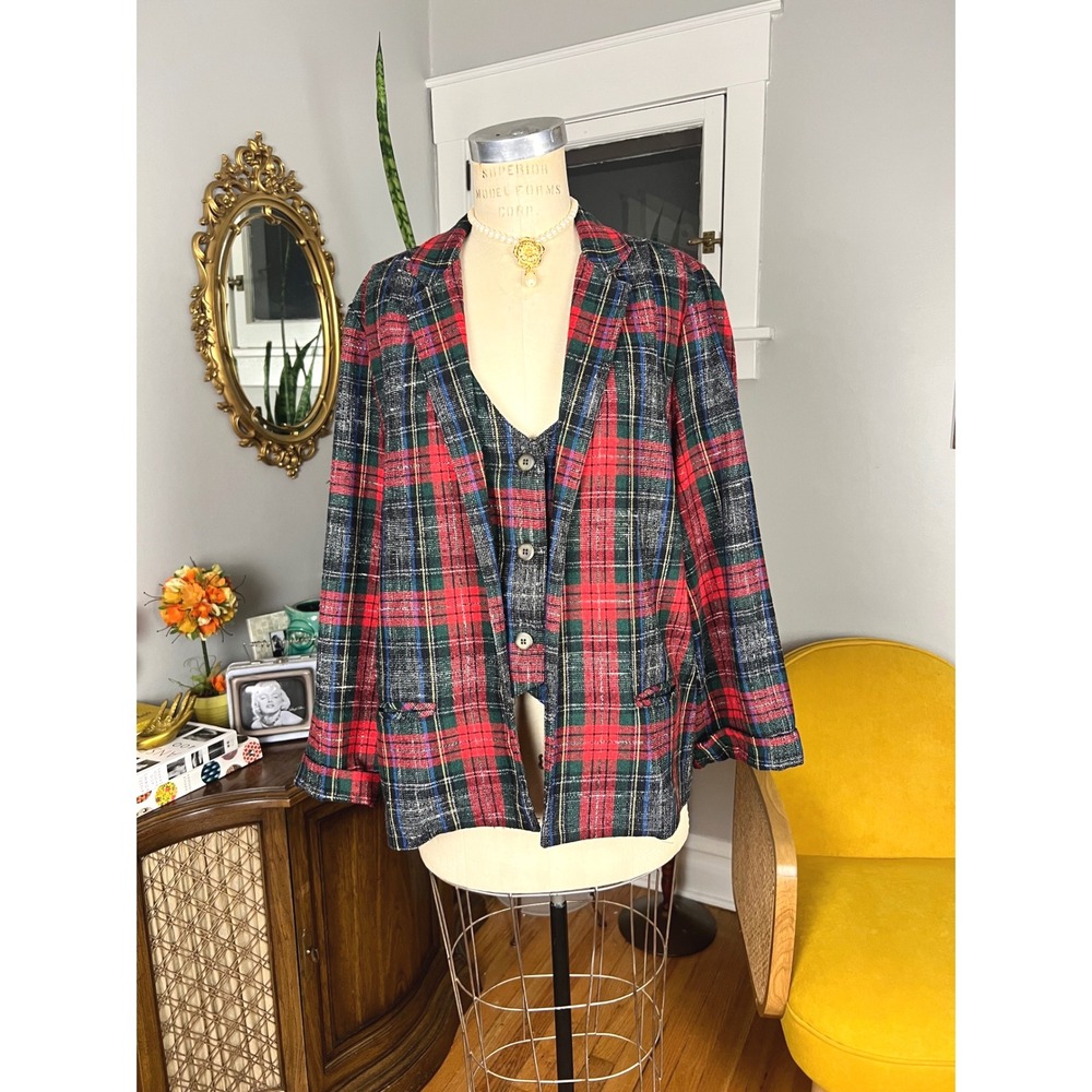Vintage 1970s Paddle & Saddle Plaid Blazer Vest Set, Red Green, 2pc - size 10-12